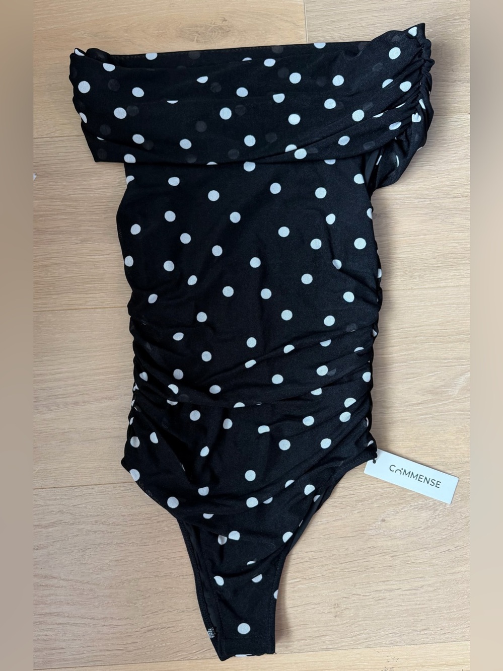 Commense Black Polka Dot Off-the-Shoulder Bodysuit - Picture 5 of 6